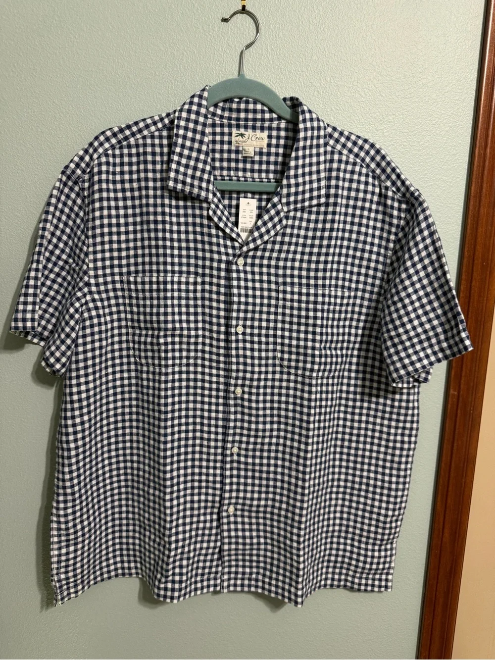 J. Crew Navy and White Gingham Short-Sleeve Button-Down Shirt Size L